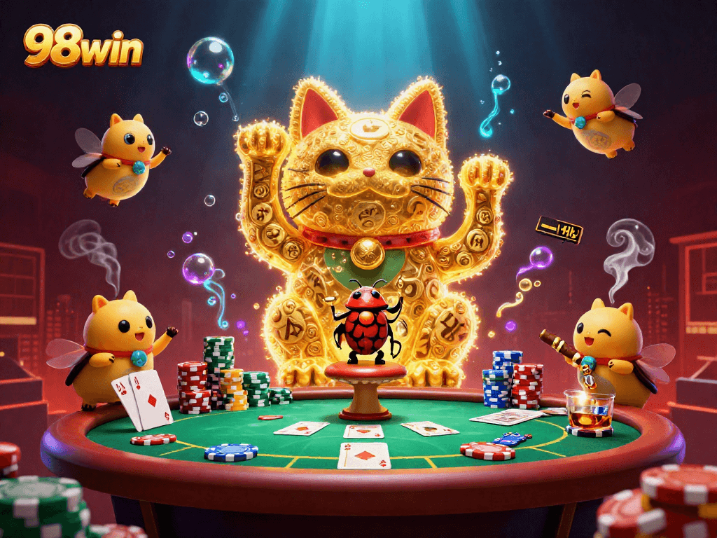 Players engage with the vibrant 98win casino scene filled with golden fireflies and poker elements.