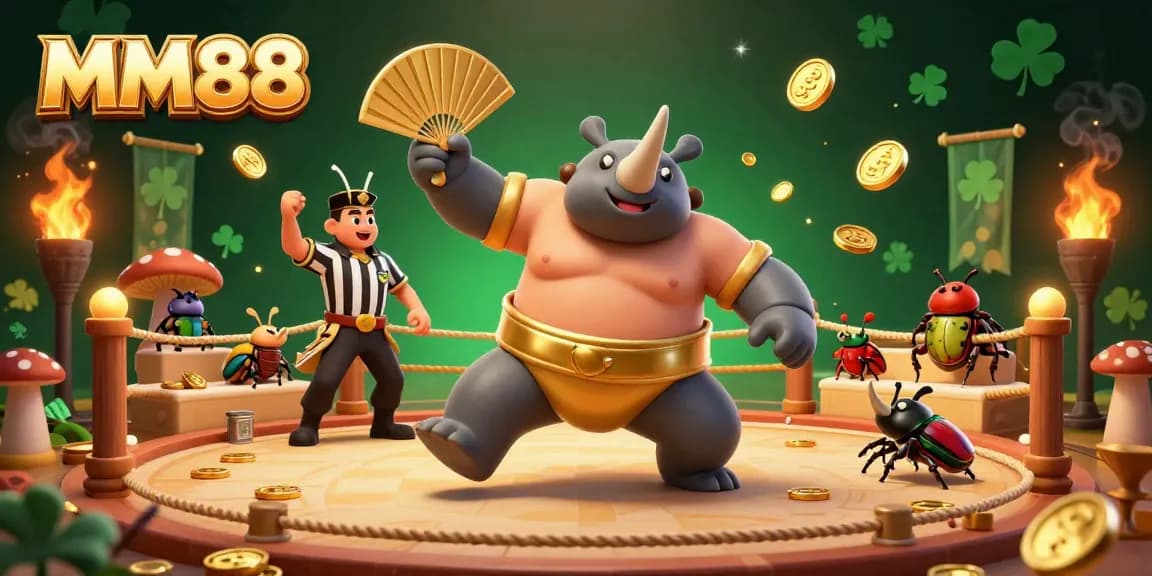 Experience thrilling MM88 gaming with a vibrant scene of casino action featuring a sumo champion beetle.