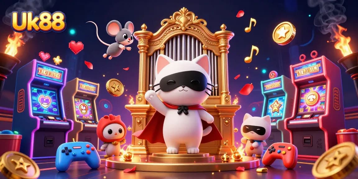 Win big at Uk88 casino with thrilling 3D gaming characters amidst vibrant slot machines and casino elements.