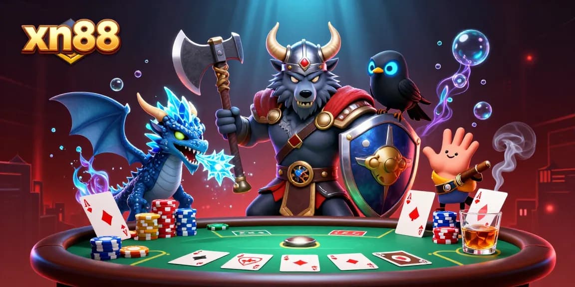 Experience xn88 gaming action with a Viking wolf warrior, fierce dragon, and vibrant poker elements.
