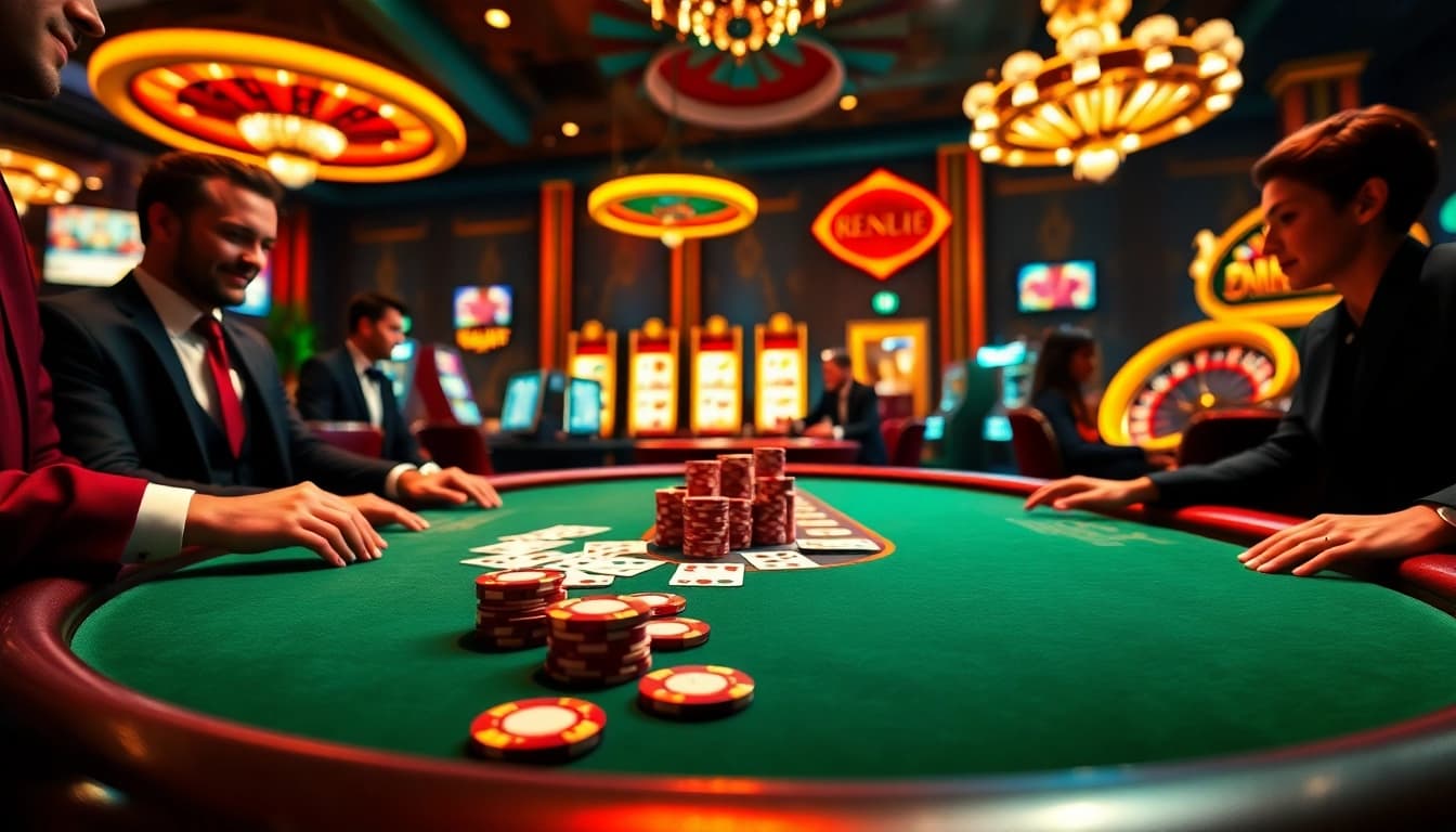 Players engaging at a glossy poker table inspired by https://xx88.day/ in a vibrant casino atmosphere.