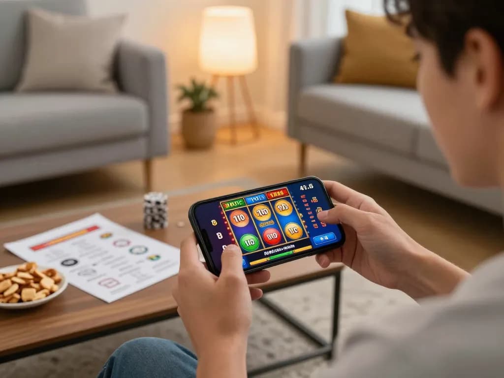 Pemain menikmati permainan situs slot di smartphone di ruang tamu yang nyaman, menyoroti wawasan strategis.