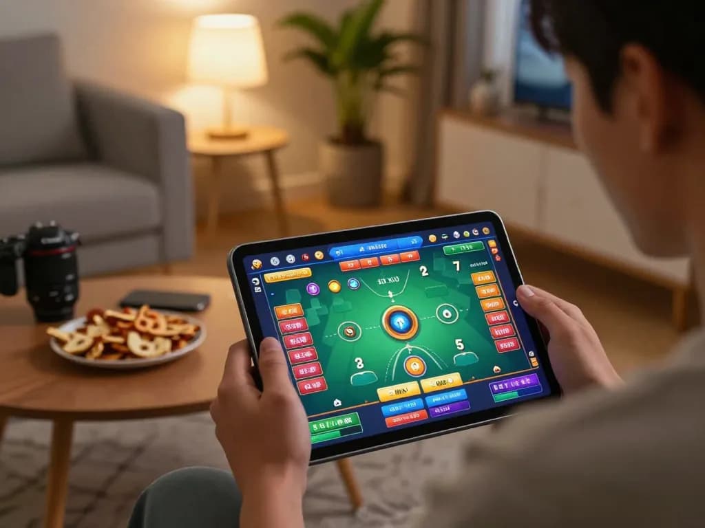 Engaging in tài xỉu online gaming on a tablet, surrounded by a cozy home setting.