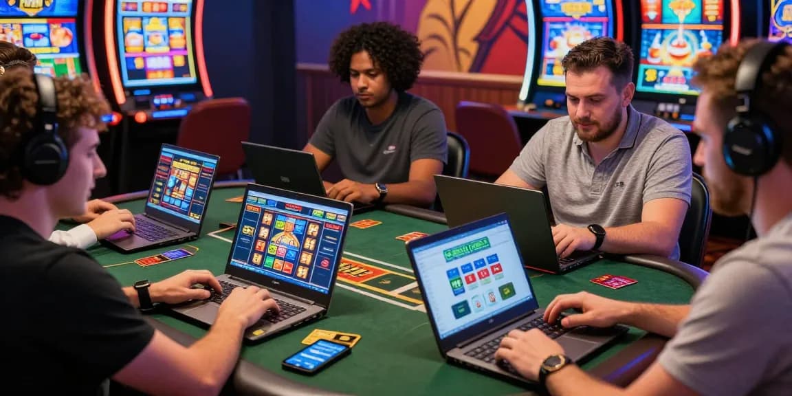 Players exploring top credit card casinos at https://ccrm.org.uk/ with laptops and vibrant game displays.