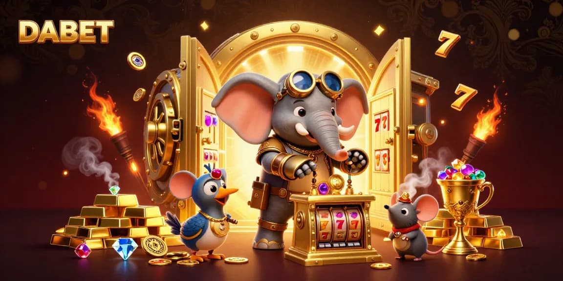 DABET brings thrilling jackpot excitement with a vibrant steampunk scene of an elephant engineer spinning the slot machine.