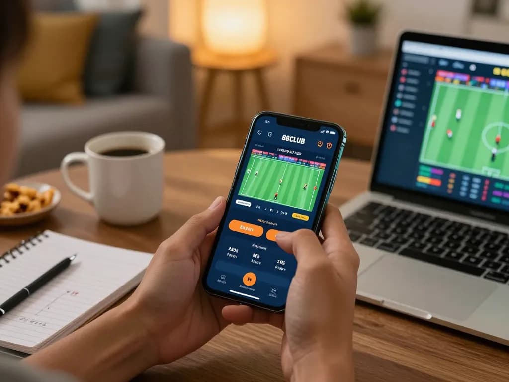 Engaging smartphone betting experience on 88CLUB app in cozy home setting