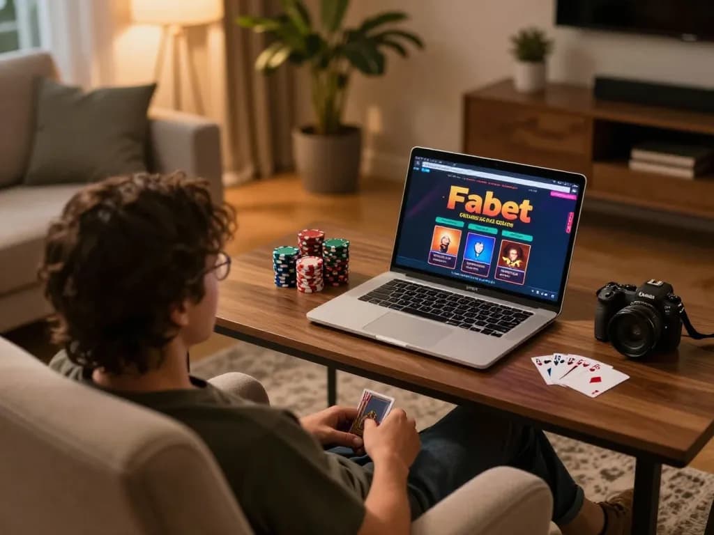 Engaging player strategizing on Fabet online casino setup with poker chips in cozy home.