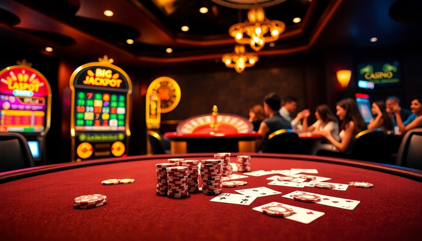Dynamic poker scene featuring nk88 with vibrant chips and cards, showcasing an exciting casino atmosphere.