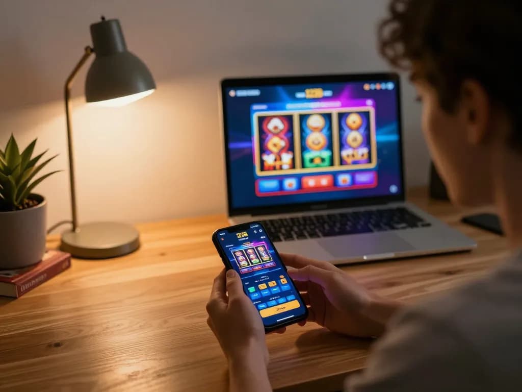 Engaging with the 123B mobile app, a player enjoys live dealer games and slots in a cozy home setting.