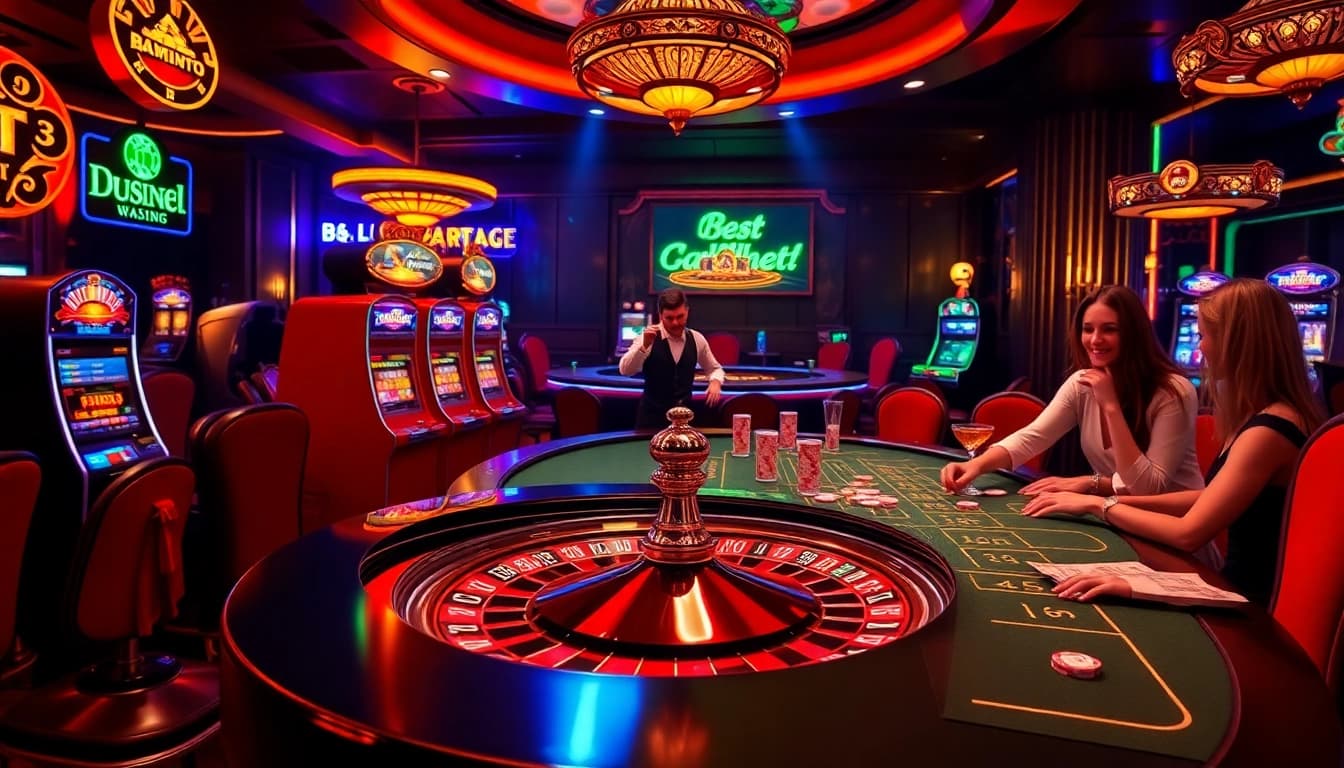 Experience the thrill of De bet with a luxurious casino scene showcasing vibrant tabletop games and excited players.