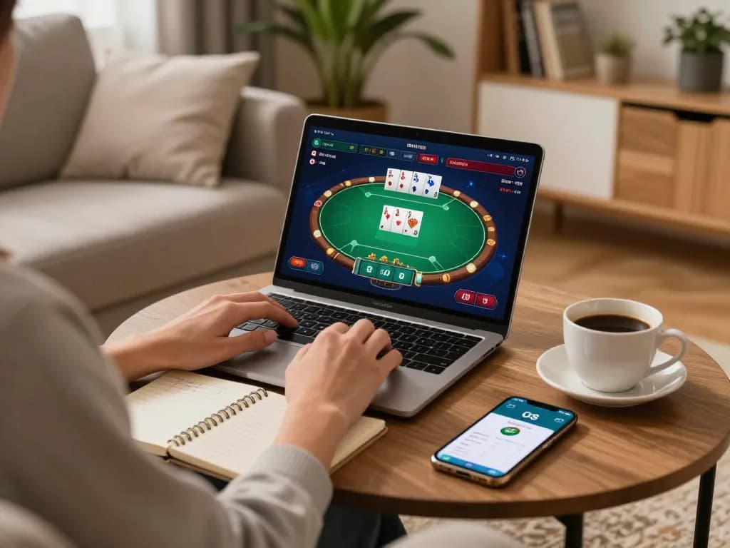 Player enjoying online casino games with the O8 platform at home, showcasing cozy atmosphere.