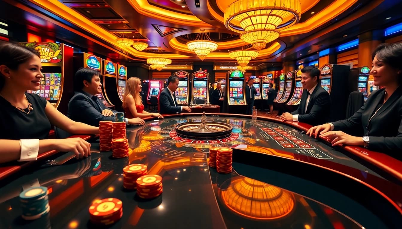 Experience the thrill of playing kim88 game at a vibrant casino with colorful slot machines and engaging tables.
