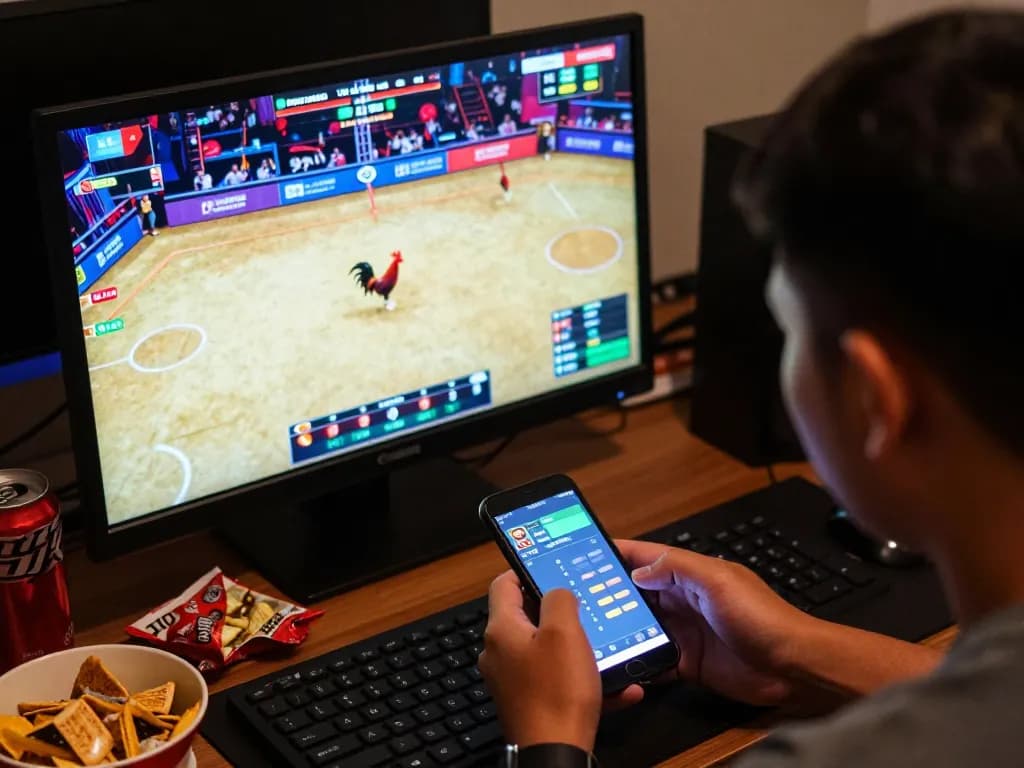 Xem xem đá gà trực tiếp HD trong thiết lập trò chơi trực tuyến hấp dẫn với đồ ăn nhẹ và màn hình sáng màu làm bừng sáng căn phòng.