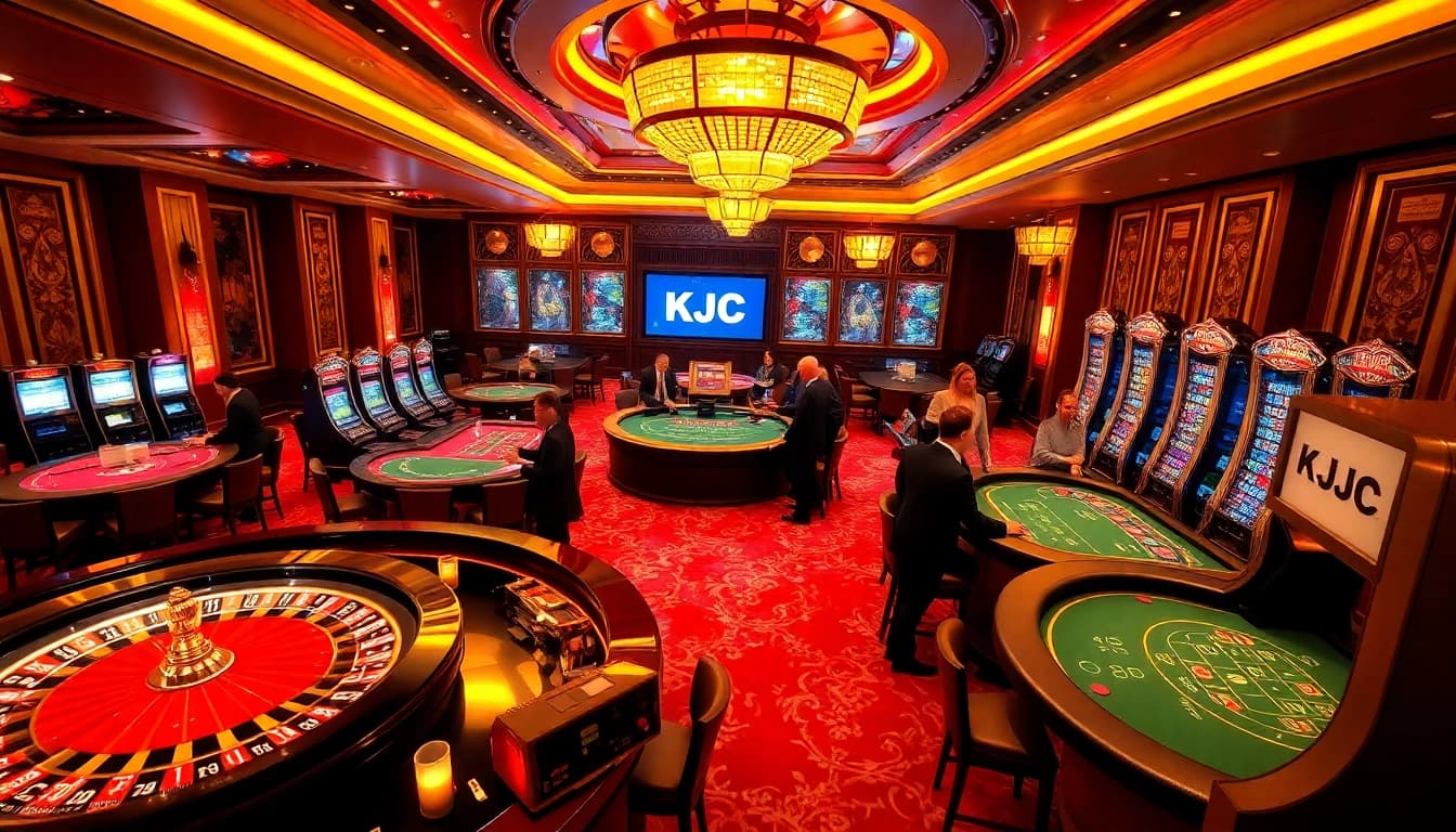 KJC casino scene showcasing thrilling gaming tables and players engaged in games.