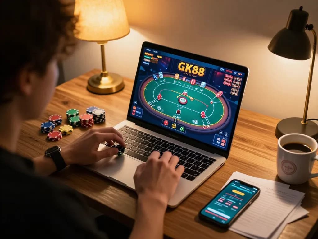 Player enjoying GK88 game on a laptop with strategy notes and cozy atmosphere.