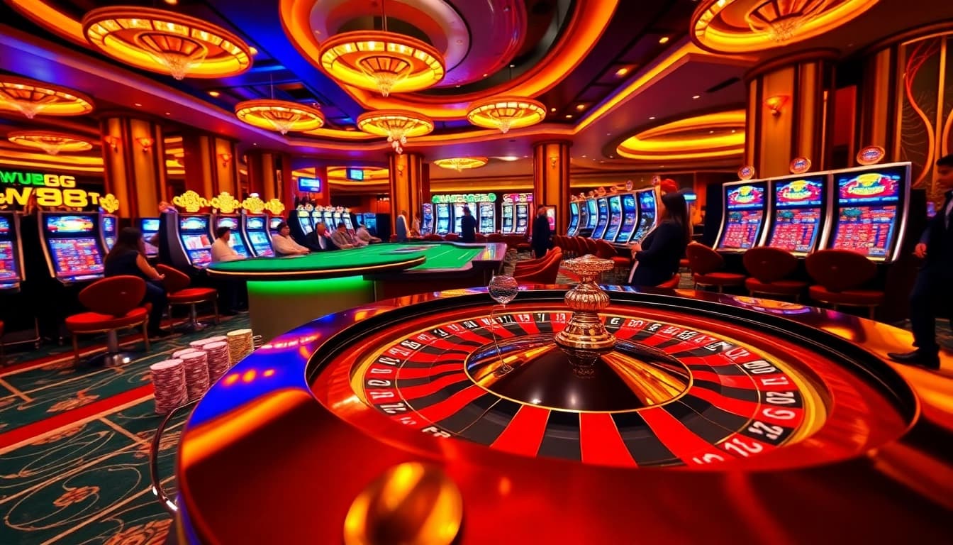 WE88 casino players enjoying a dynamic roulette game with vibrant slot machines in the background.