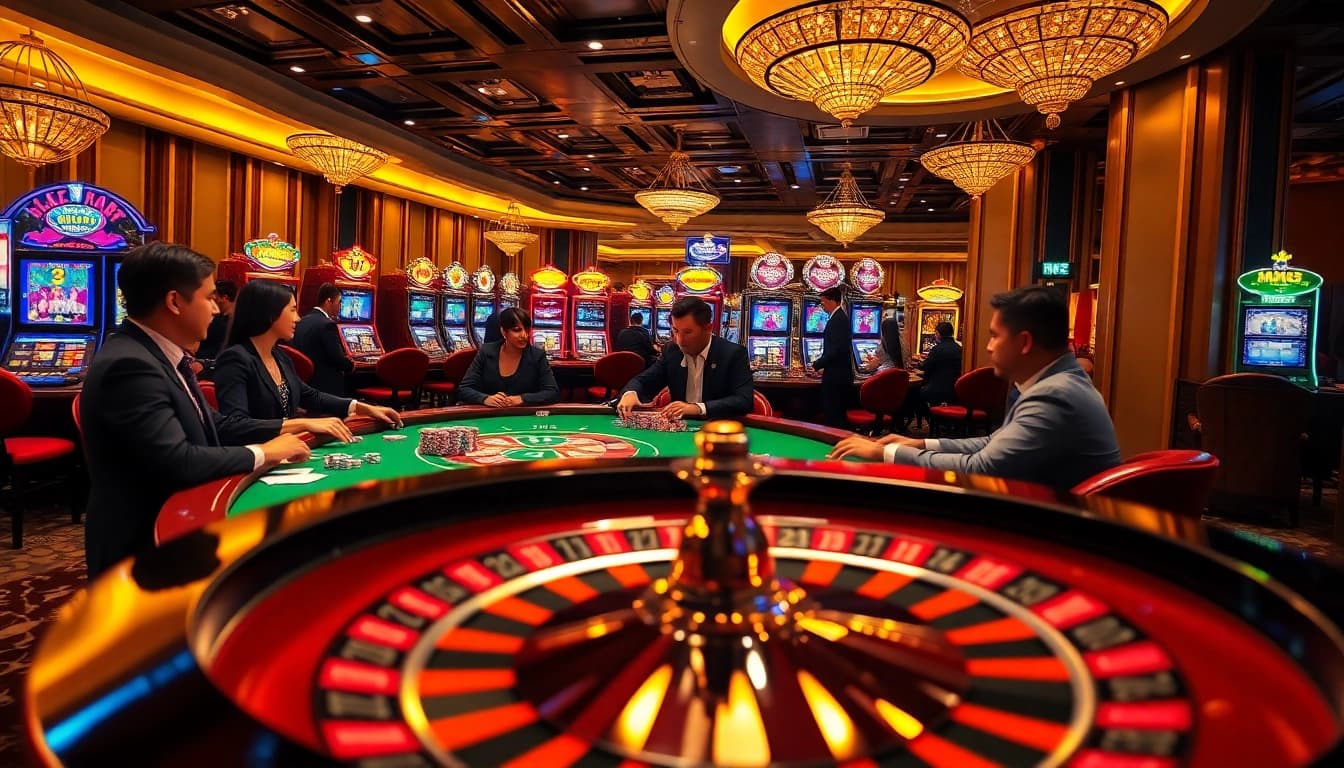 Engaged players enjoy MK8-themed luxury gambling at a vibrant casino table with poker chips.