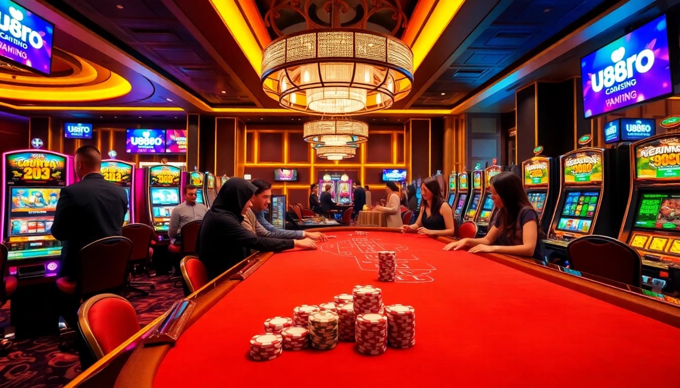 U888 casino scene showcasing vibrant gaming tables and enthusiastic players engaging in thrilling bets.