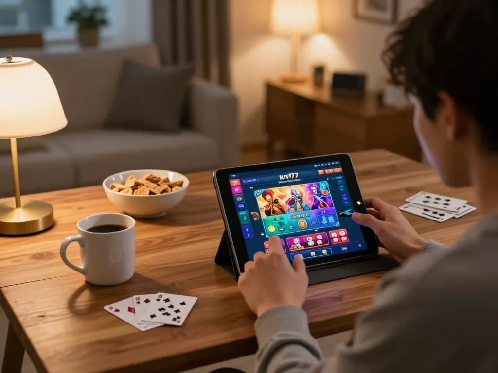 Engaging with the km777 online casino using a tablet in a cozy home setup