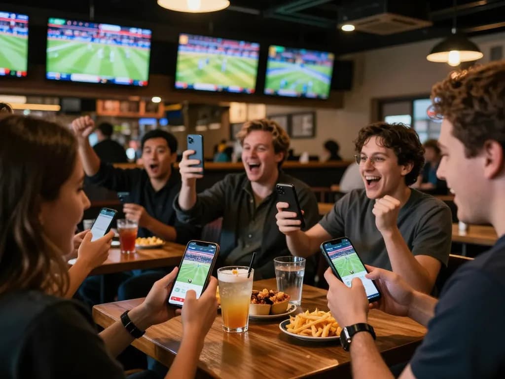 Patrons engaging in sports betting using Usbet app in a lively sports bar atmosphere
