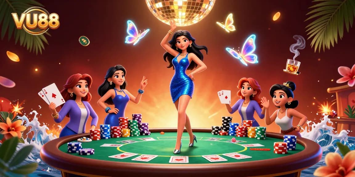Experience the vibrant excitement of VU88 casino with dynamic betting elements in a dazzling scene.