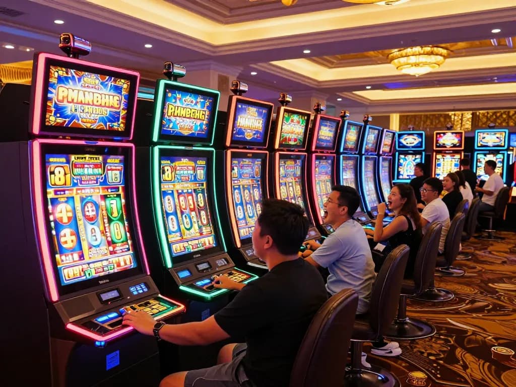 Engaged players enjoying various Slot Malaysia machines in a lively casino atmosphere, vibrant colors and actions capture excitement