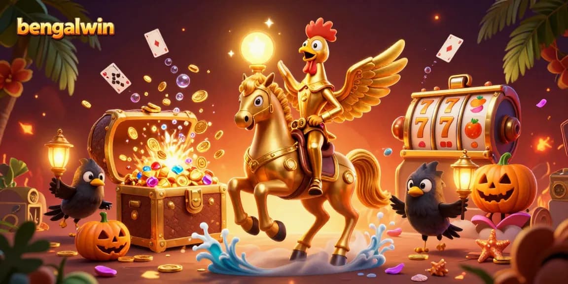 Bengalwin illuminates the casino scene with a golden rooster and pumpkin-headed companions, surrounded by treasures and gaming elements.