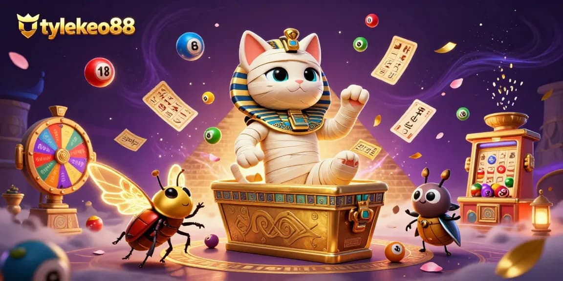 Engage with tylekeo88's thrilling gaming scene featuring a dynamic 3D Egyptian mummy cat and golden lottery elements.