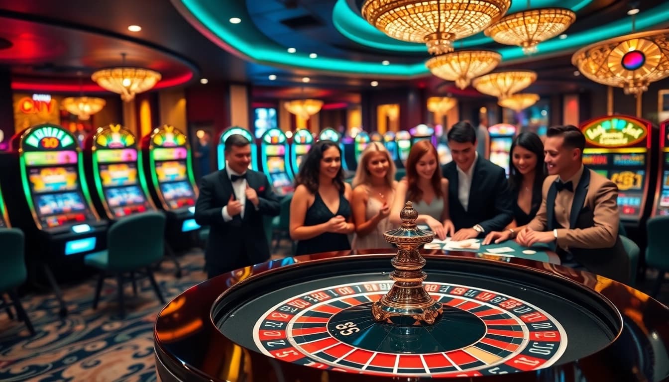 G28 casino vibrant atmosphere with excitement at roulette table and slot machines.