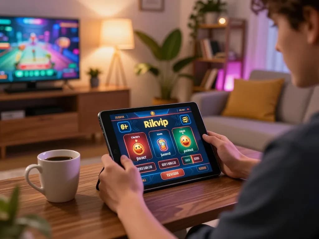 Player enjoying online rikvip casino games on tablet in cozy living room with warm lighting