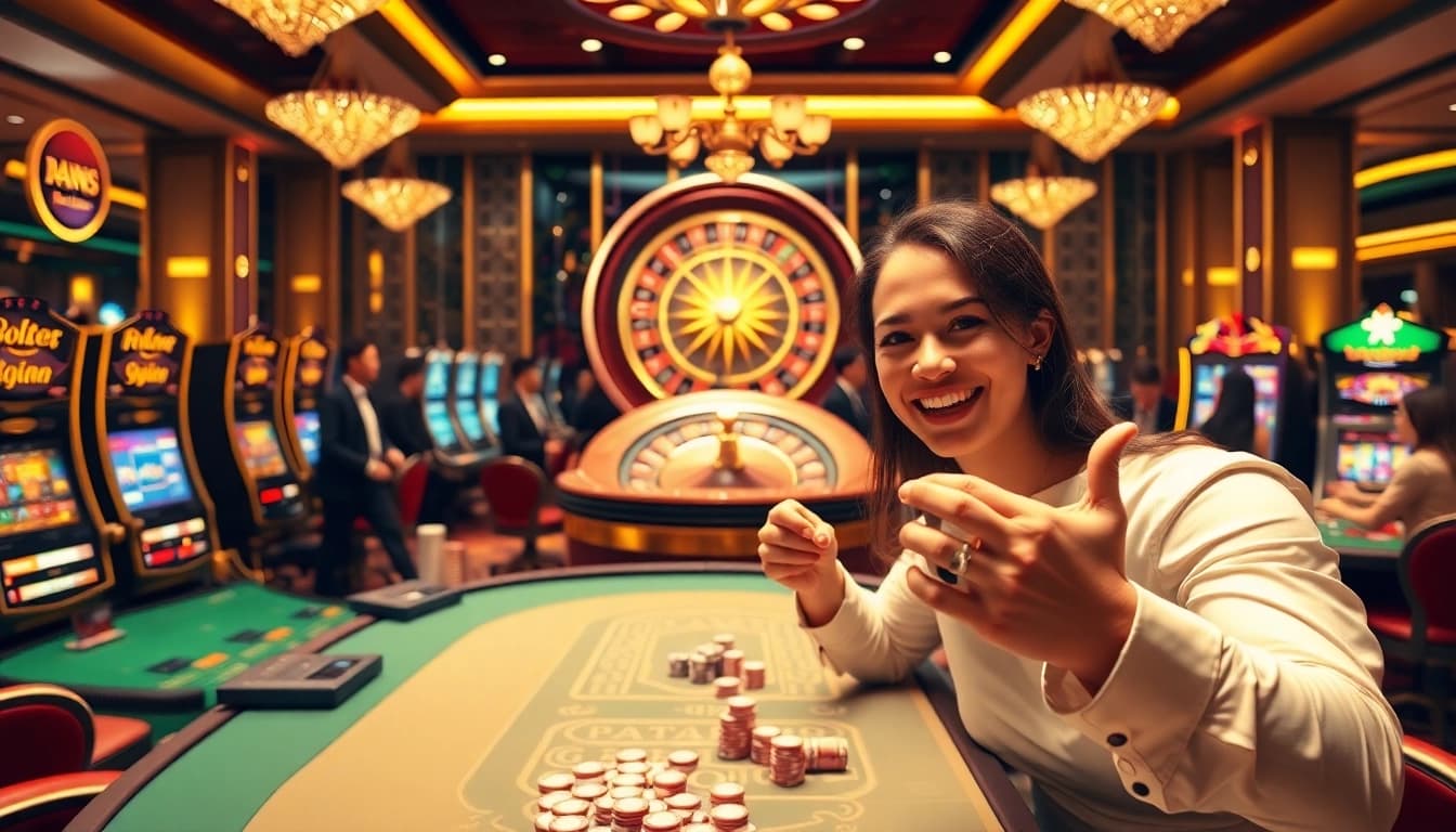 Experience the thrill of winning at https://da88.navy/ with luxurious casino visuals and enthusiastic players celebrating.