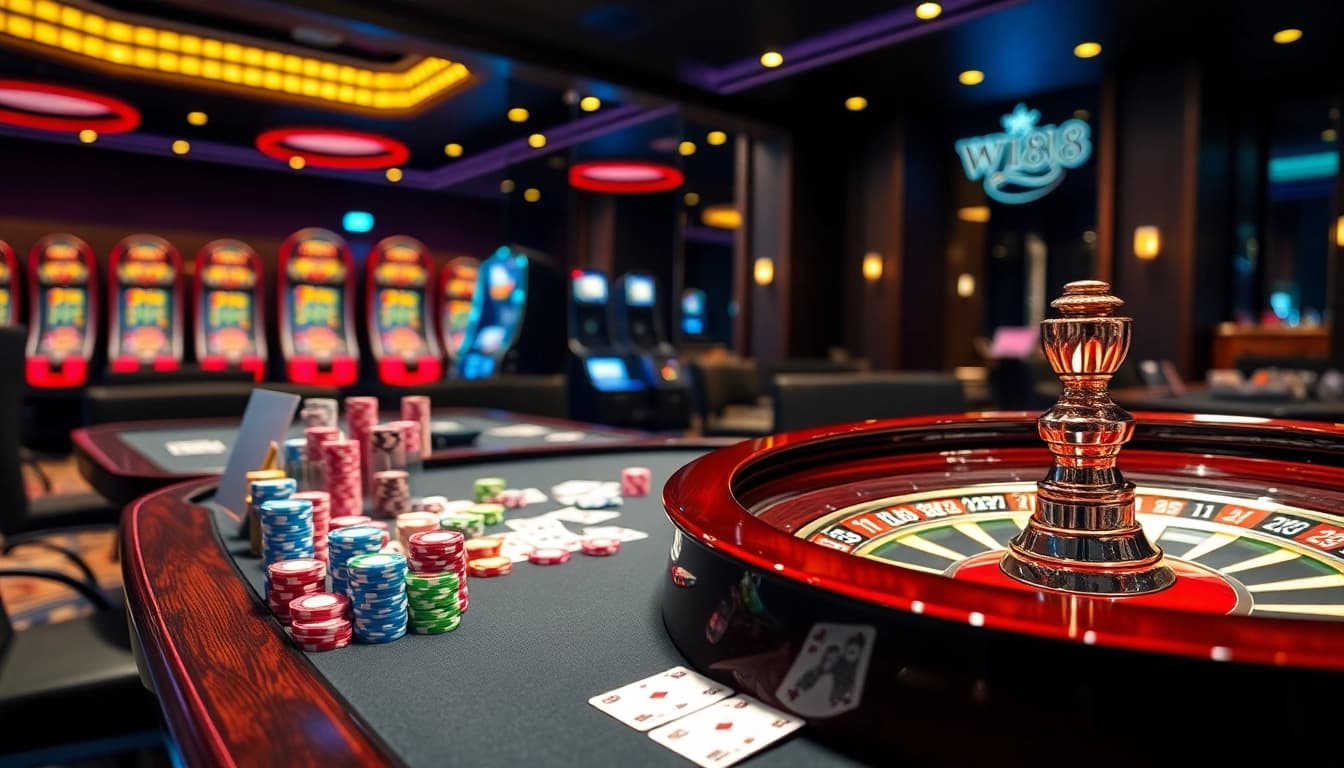 Experience the thrill of W188 with vibrant casino chips and an engaging roulette wheel in a luxurious setting.