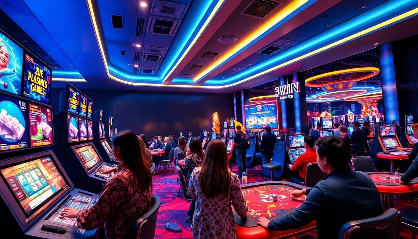 3WIN gaming atmosphere showcasing vibrant card tables and live casino players in a modern digital environment.