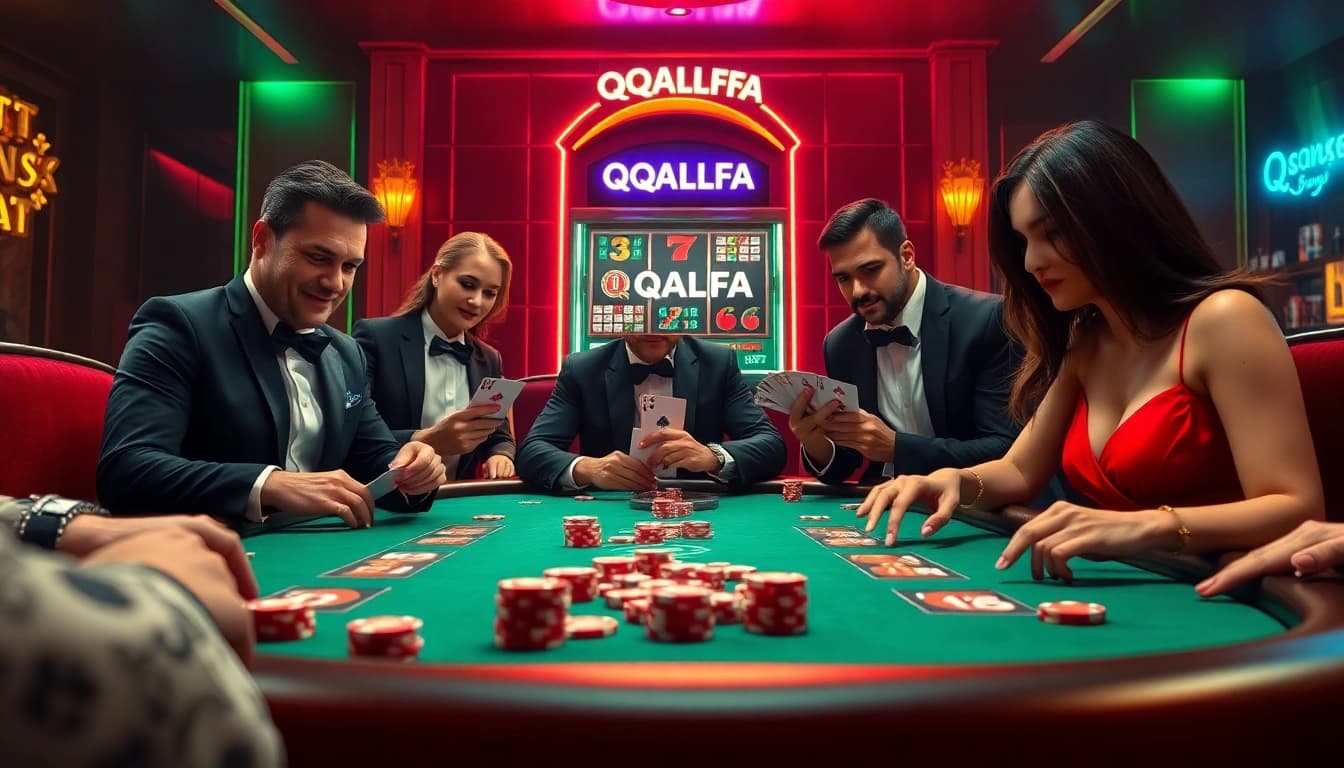 Experience thrilling gameplay at QQALFA's vibrant casino, showcasing poker and high-stake excitement.