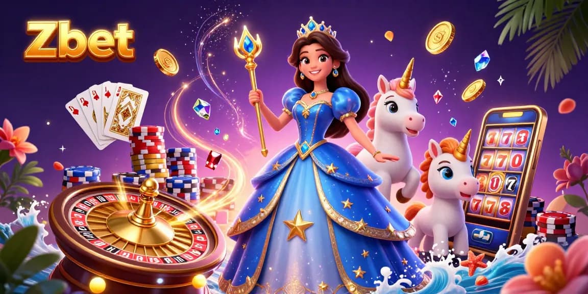 Zbet showcases an enchanting casino scene with vibrant characters, shining coins, and spinning roulette wheels for exciting gaming.
