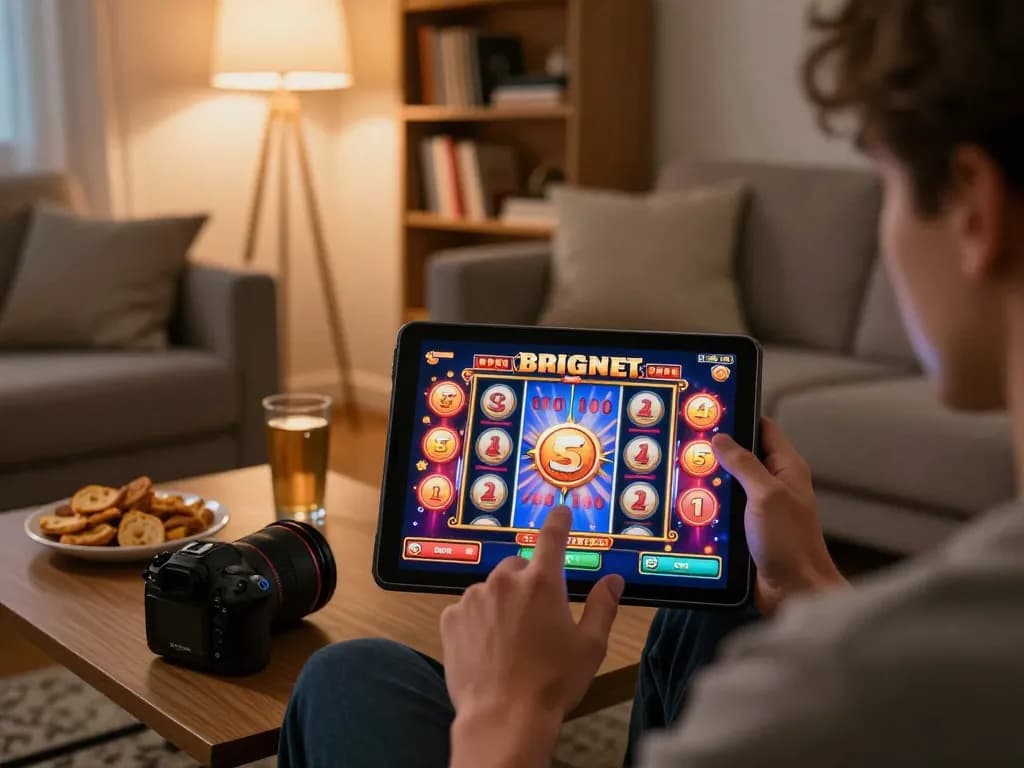 Sunwin player engaging with exciting online slot game on tablet, showcasing colorful graphics and cozy atmosphere.