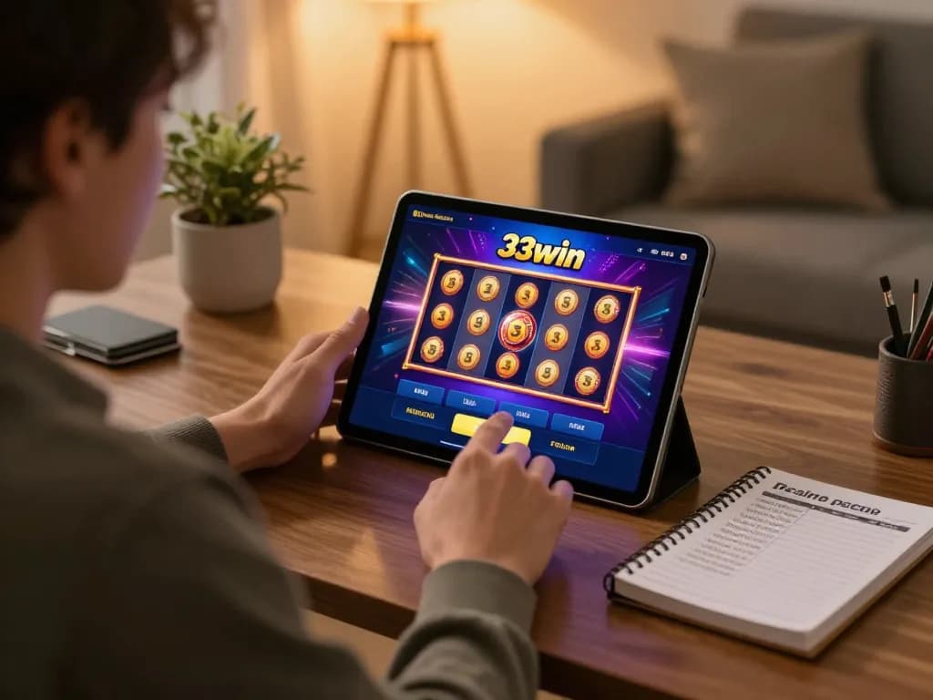 Engaging user playing on the 33win app at home, highlighting strategic gambling experience.