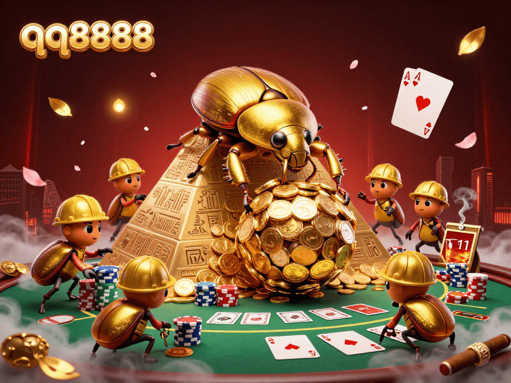 Experience the thrill of qq8888 with golden beetles and casino symbols in this vibrant 3D scene.