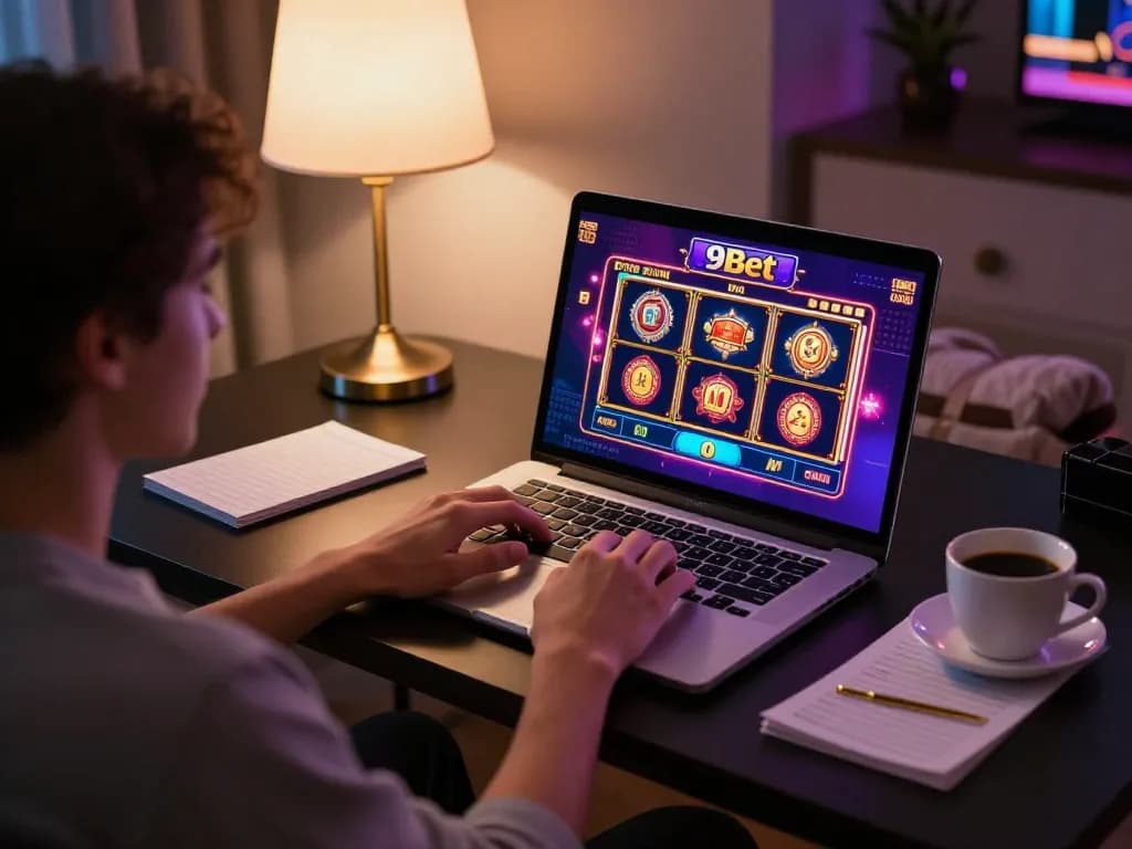 Experience the thrill of online gaming with 9bet on a cozy home setup, highlighting interactive casino excitement.