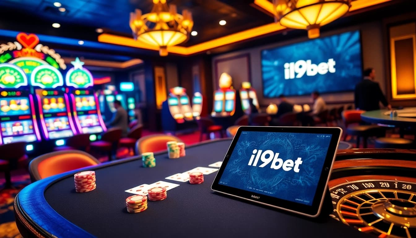 Experience the thrill of i9bet with vibrant casino gaming visuals showcasing poker, slots, and roulette.