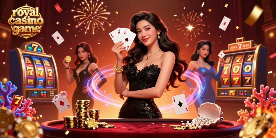 Engaging scene of royal casino game with an elegant woman playing cards amid vibrant slot elements and celebrations.