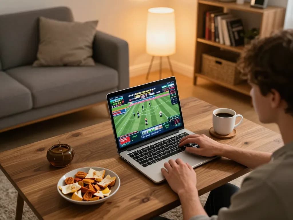 Engaging in Nhận định kèo sports betting from home with laptop showing live games and strategies.