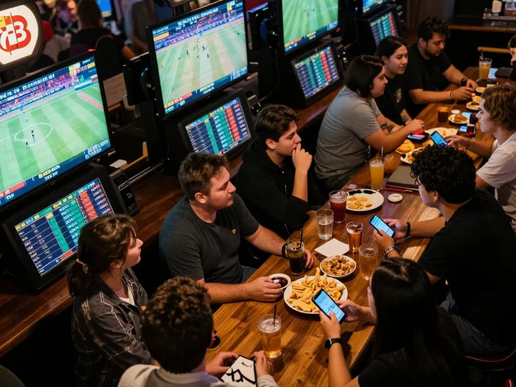 Friends enjoying sports betting at 78wingo with mobile apps in a lively bar atmosphere