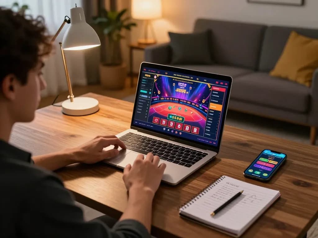 Dynamic online gaming scene at https://kjc365.com/ showcasing a player engaged with live dealer game, cozy decor enhancing the atmosphere.