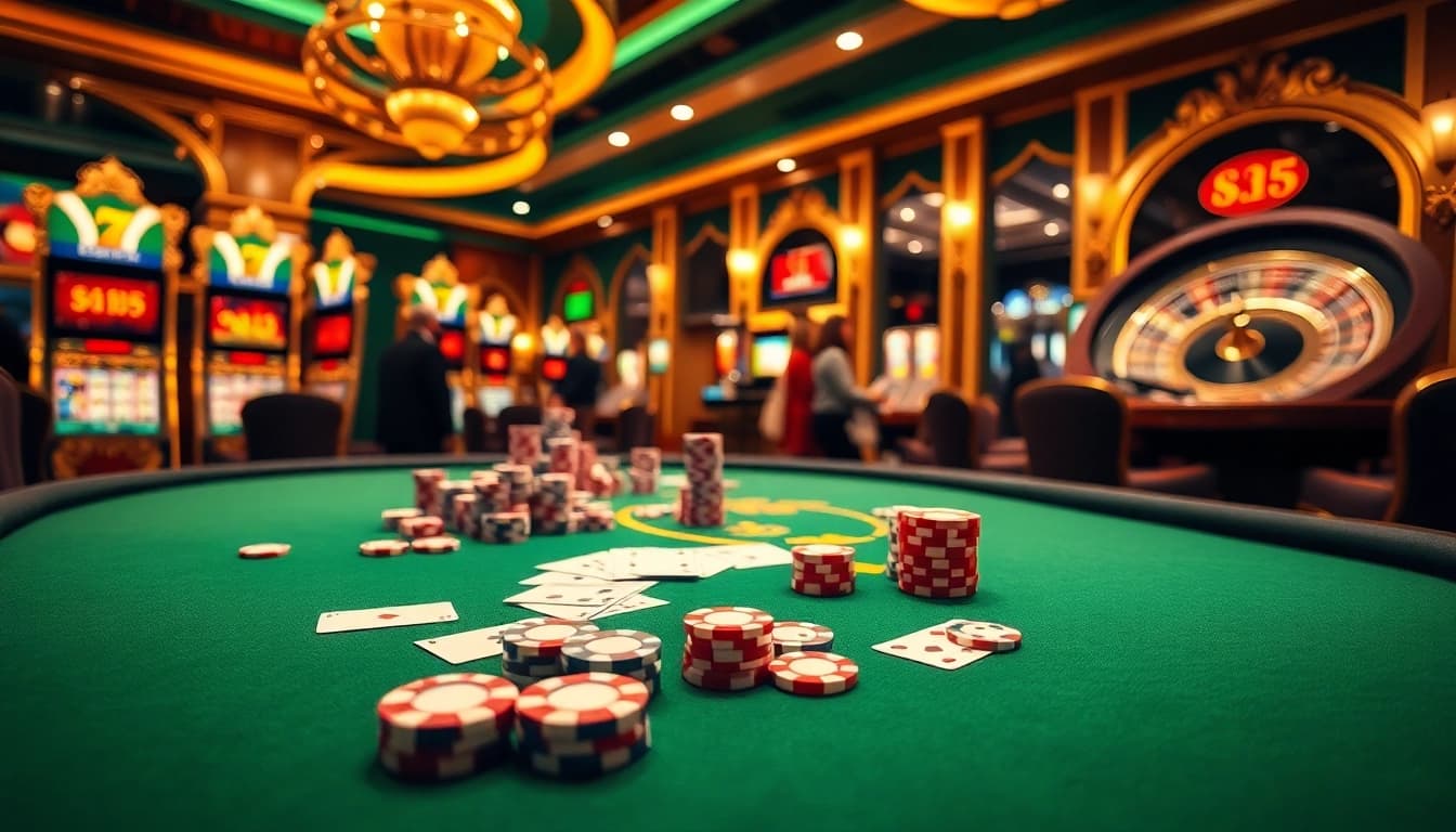 Engaging gamblers at KK55 casino table with vibrant chips and cards, exuding excitement.