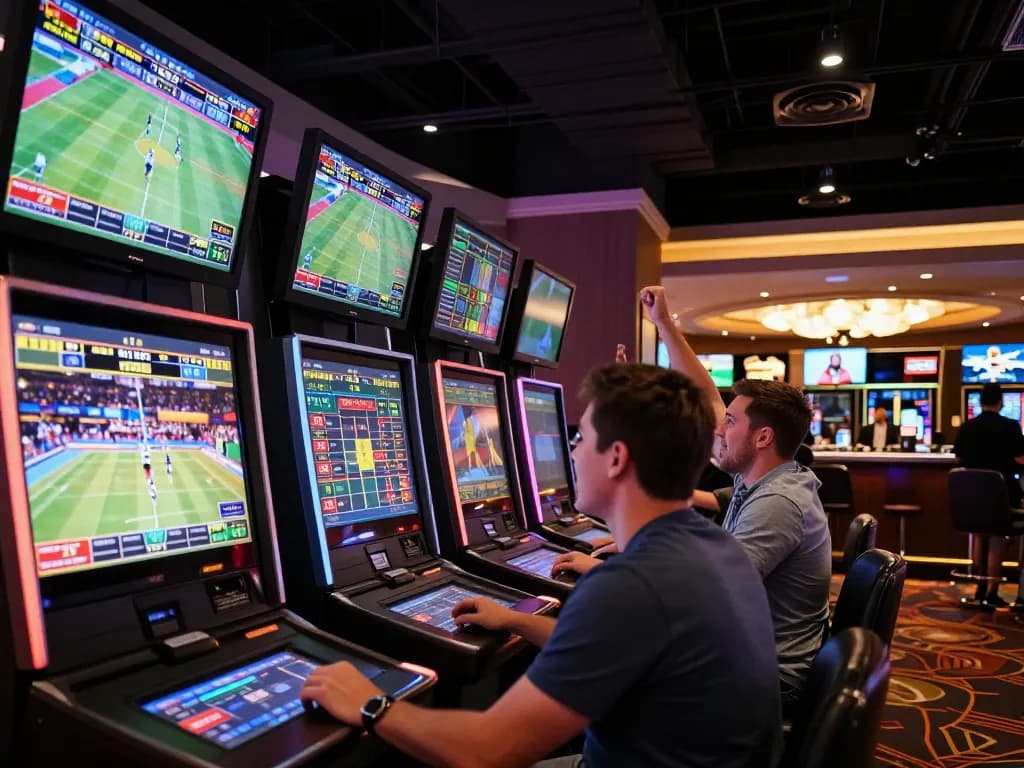 B52 sports bettors engaging in lively wagers at a vibrant casino.