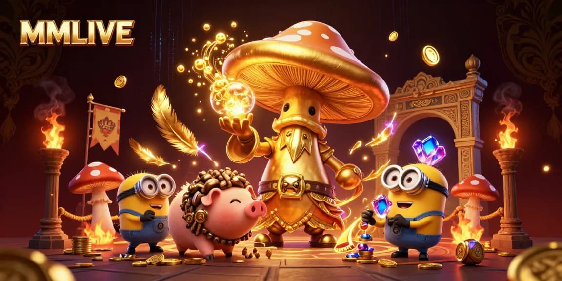 MMLIVE platform showcasing vibrant livestream action and gold treasures in a magical atmosphere.