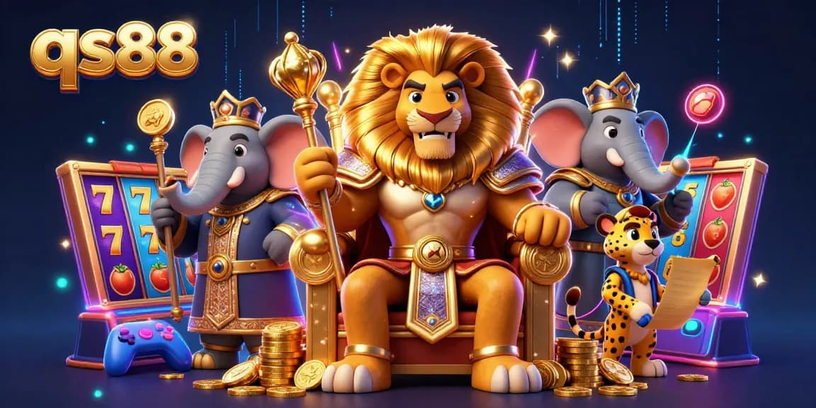 qs88 slot games come alive with a fierce lion king, wise elephant, and speedy cheetah amidst vibrant casino elements.