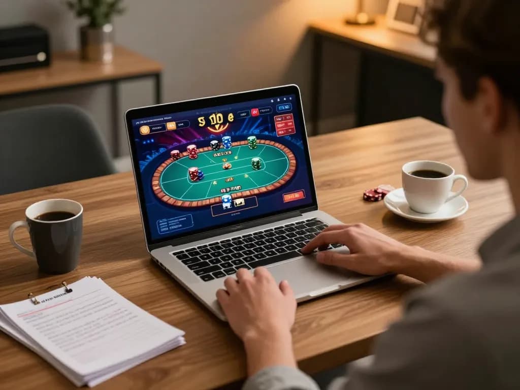 Player engaging in online poker at Net88 from a stylish home office.