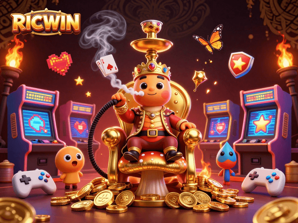 Join the excitement with RICWIN in an energetic 3D casino scene featuring vibrant game elements.